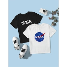 Flood Of Style Erkek 2'li Nasa Baskılı Oversize Bisiklet Yaka Tshirt Siyah