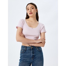 Koton Fiyonklu Crop U Yaka Slim Fit Kısa Kollu Tişört Pembe 5sal10194ık Gül