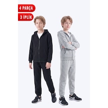 Fyk Kids 3 İplik Düz Erkek Çocuk Fermuarlı Kapüşonlu 2'li Eşofman Takımı 4 Parça Siyah-gri