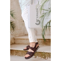 Hakiki Deri Kalın Bantlı Ortopedik Tasarım Erkek Sandalet Terlik Kahverengi