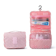 Çok Fonksiyonlu Askılı Makyaj Çantası Pembe Line Desen Büyük Boy