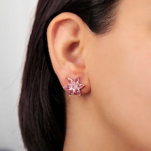 Gümüş Rose Pembe Lotus Çiçeği Çivili Kadın Küpe Gümüş