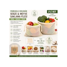 Meyve Ve Sebze Filesi 2 Li Set 30 X 35 Cm Büzgülü Yıkanabilir Saklama Kesesi Organik Pamuk Ekru