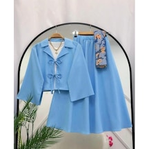 Lovie Moda Kadın Keten Bağcıklı İkili Takım Mavi