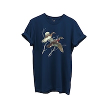 Uçan Yaban Ördekleri Çizim Baskılı %100 Pamuk Regular Fit Bisiklet Yaka Unisex T-shirt Lacivert