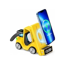 T20 15w 5 İ 1 Arada Magsafe Kablosuz Şarj İstasyonu, Dijital Saatli Forklift Tasarım, İphone 16/15/14/13/12, Apple Watch, Airpods Uyumlu Masaüstü Hızlı Şarj Standı Sarı