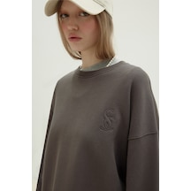 Suud Collection Kahverengi Logolu Oversize Sweatshirt Kahve