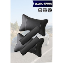 Skoda Kamiq Uyumlu Set Lüks Siyah Deri Kemer Koruyucu Deri Yastık