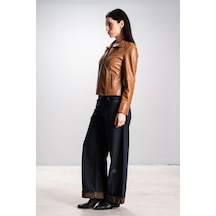 Dericlub Breeze Kadın Dik Yaka Slim Fit Gerçek Deri Mont Taba Taba