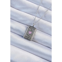 316l Çelik Zincir Eskitme Gümüş Renk Pembe Mineli Figürlü Tarot Kolye
