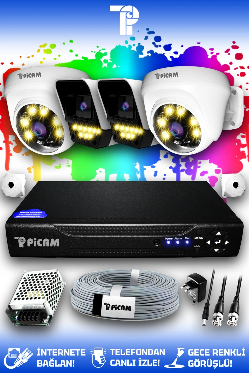 Picam 4 Kameralı Süper 2 İç Kamera Set HDD'siz 5 MP 2K Net Renkli Gece Görüşlü Güvenlik Kamerası Sistemi