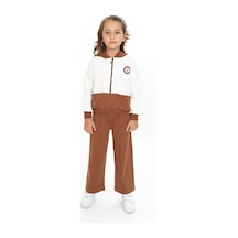 Toontoy Kids Toontoy Kız Çocuk 2'li Takım Baskılı Kapüşonlu Fermuarlı Sweatshirt & Beli Lastikli Bol Paça Eşofman Altı - Renk Bloklu & Nervürlü & 2 İplik Kahverengi
