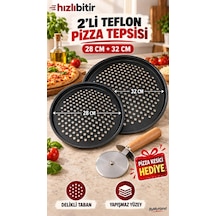 Bymyhand Teflon Kaplama Siyah Yanmaz Yapışmaz Pizza Tepsisi 2'li Set 28 32 Cm Pizza Kesici Hediyeli