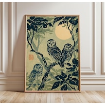 Baykuş Ahşap Baskı Poster Japon Ahşap Baskı Hayvan Sanatı Gece Ormanı Duvar Dekoru