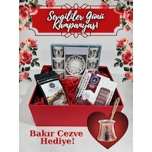 Sevgililer Günü Hediye Kutusu, Bakır Cezve Hediyeli Türk Kahvesi Fincan Seti, Tulip Desenli Porselen Fincanlar, Lokum Dahil Çok Renkli