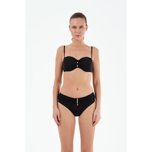 Louren Kadın Siyah/mavi Düz Kumaş Boncuklu Çıkarılabilir Askılı Sabit Kaplı Balenli Straplez Bikini Takımı Siyah