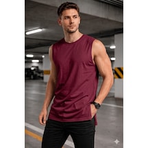 Erkek Kolsuz Regular Fit Basic Atlet Yan Yırtmaçlı Pis Yaka Tişört Bordo