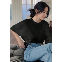 Kadın Oversize Basic Haki Tişört Yan Bağlamalı Rahat Kesim Günlük Yazlık T-shirt Siyah