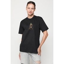 Oturan Kuş Efsanesi Siyah Oversize Unisex Ön Orta Minimal Baskılı Tişört Siyah