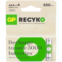 GP Batteries ReCyko 650 AAA İnce Kalem Ni-Mh Şarjlı Pil, 1.2 Volt, 4’lü Kart