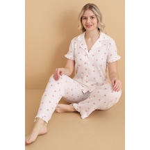 Wordex Mirano 3854 Gül Desenli Bürümcük Gömlek Yaka Düğmeli Kısa Kollu Kadın Pijama Takımı Beyaz