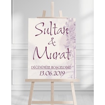 Söz Nişan Düğün İçin 50x70 Karşılama Panosu - Mor Çiçek Desenli 004 Beyaz