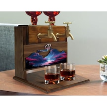 Bk Gift Kişiye Özel Kabartma Manzara Tasarımlı İsimli Çift Musluklu Doğal Ahşap İçki Standı-9, İçki Standı, Doğum Günü Hediyesi, Ev Hediyesi Kobitmeye