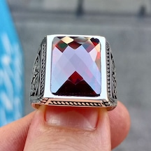 Fkgümüş Burgu İşlemeli Faset Kesim Kırmızı Taşlı Erkek Yüzük