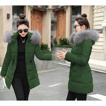 Barbora Kışlık Yaka Kürklü Uzun Kadın Şişme Mont Bt122Haki