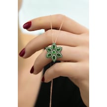 925 Ayar Gümüş Rose Kaplama Zümrüt Yeşili Damla Lotus Kolye UVPTS100076-2
