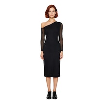 Ersefa Moda Stil Slim Asimetrik Yaka Midi Boy Desenli Astarlı Vücuda Otu Siyah