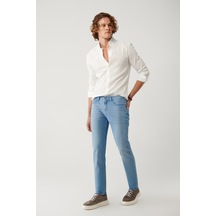 Erkek Mavi Bıyık Eskitme Yıkamalı Slim Fit İnce Denim A41y3506