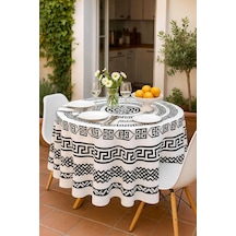 Yuvarlak Geometrik Siyah Desenli Duck Kumaş Masa Örtüsü 150x150 Cm Çok Renkli