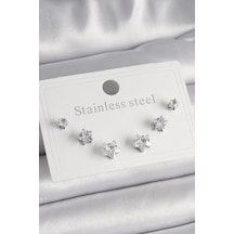 316l Çelik Gümüş Renk Zirkon Taşlı Yıldız Model Kadın Küpe Seti Çok Renkli