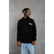 Erkek Kapüşonlu Kanguru Cepli Sweatshirt 3 İplik Pamuklu Baskılı Hoodie - Siyah