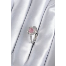 Pirinç Gümüş Renk Pembe Zirkon Taş Charm Model Kadın Yüzük