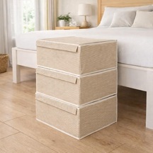 Tr Çok Amaçlı Düzenleyici Kapaklı Sandık Tipi Kutu Hurç Organizer 3 Lü Set Kahverengi, Baza 50 X 40 X 19 Genel