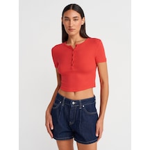 Dilvin 31647 Düğme Detaylı Crop Top-kırmızı Kirmizi