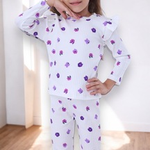 Yeni Sezon Kız Çocuk Fitilli Alt Üst Ekru Üzeri Mor Çiçek Desenli Pijama Takımı Uzun Beyaz - Siyah