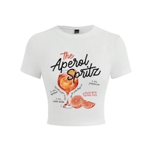 Tarzsokak Aperol Spritz Retro Kokteyl Baskılar Kırpma T-shirt Kadın Sıkı T Shirt O-boyun Yüksek Elastik Beyaz