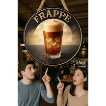 Frappe Temalı Yuvarlak Cafe Tabelası, Jüt İpli Ahşap Duvar & Kapı Dekoru, Barista Tarzı Retro Süs