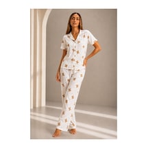 Fit Women Kadın Kısa Kol Rahat Kalıp Şık Kırık Beyaz Pijama Takımı