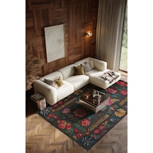 Fiora 206 Siyah Renkli Çiçekli Modern Halı Tasarım İnce Kilim Halı Hol Yolluk Ev Oda Salon Halısı Renkli C