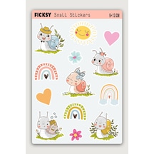 Sevimli Salyangoz Ailesi Sticker Seti - 13 Adet Etiket Çıkartma Gökkuşağı, Güneş, Kalp Ve Çiçek Diğer