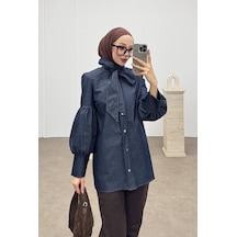 Meecy Denim Tesettür Balon Detaylı Kuşaklı Gömlek Lacivert Lacivert