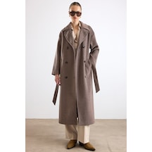 Olcay Oversize Düşük Kol Kruvaze Kaban Latte 3173 Krem