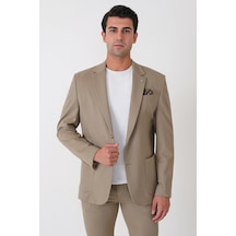 Comfort Fit Esnek Rayon Pamuk Karışım Torba Cepli Bej Blazer Ceket C 744