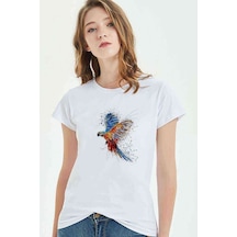Papağan Sulu Boya Damlamalı Baskılı Beyaz Kadın Tshirt