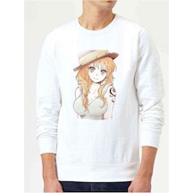 Anime One Piece Prates Baskılı Beyaz Erkek Örme Sweatshirt