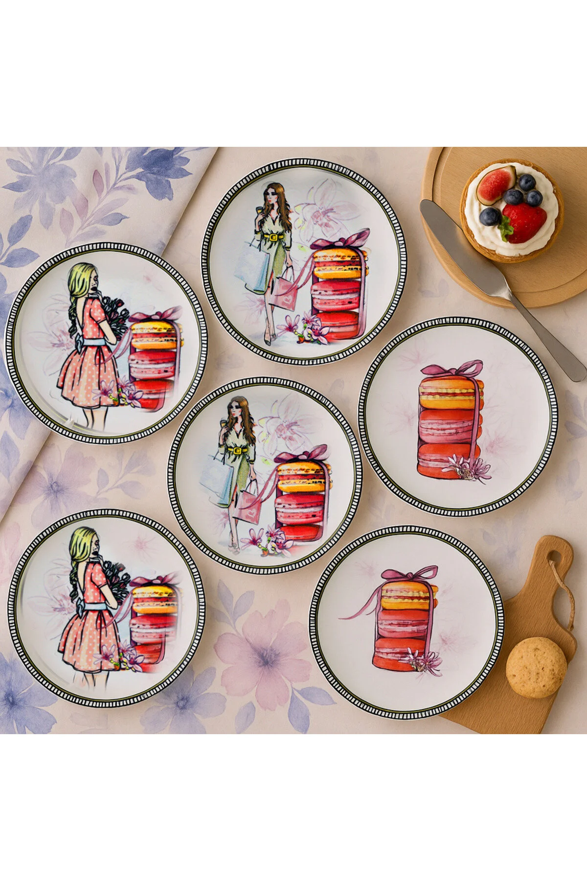 Macaron & Moda Figürlü Renkli 6'lı Pasta Veya Tatlı Tabak Seti 20 Cm Tatlı, Kek Veya Servis Tabağı Çok Renkli